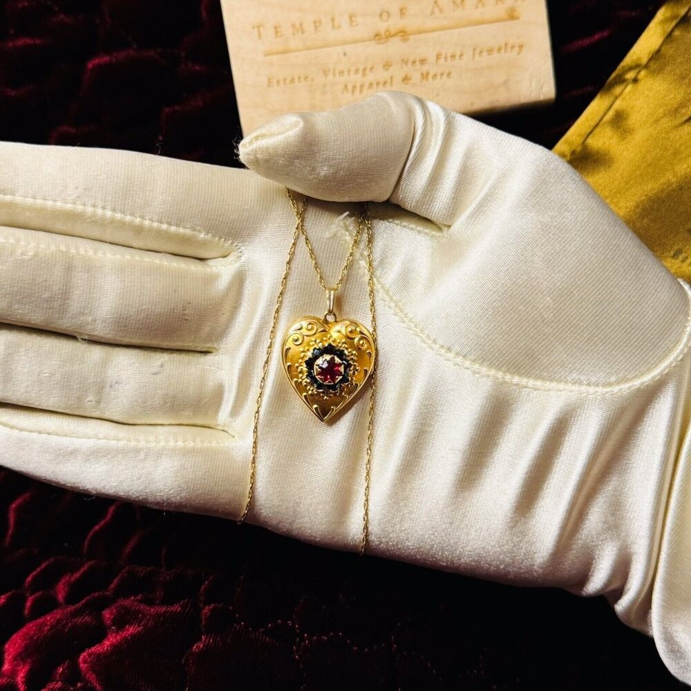 ANTIQUE- 14K Gold- Bohemian Garnet Heart Locket Necklace -17"-Victorian- 4.7g - Picture 16 of 16
